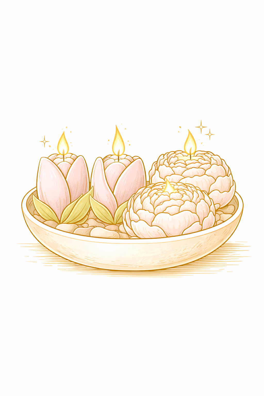 In een beige schaal staan ​​drie lichtroze, bloemvormige kaarsen met brandende vlammen, omringd door kleine kiezelstenen.