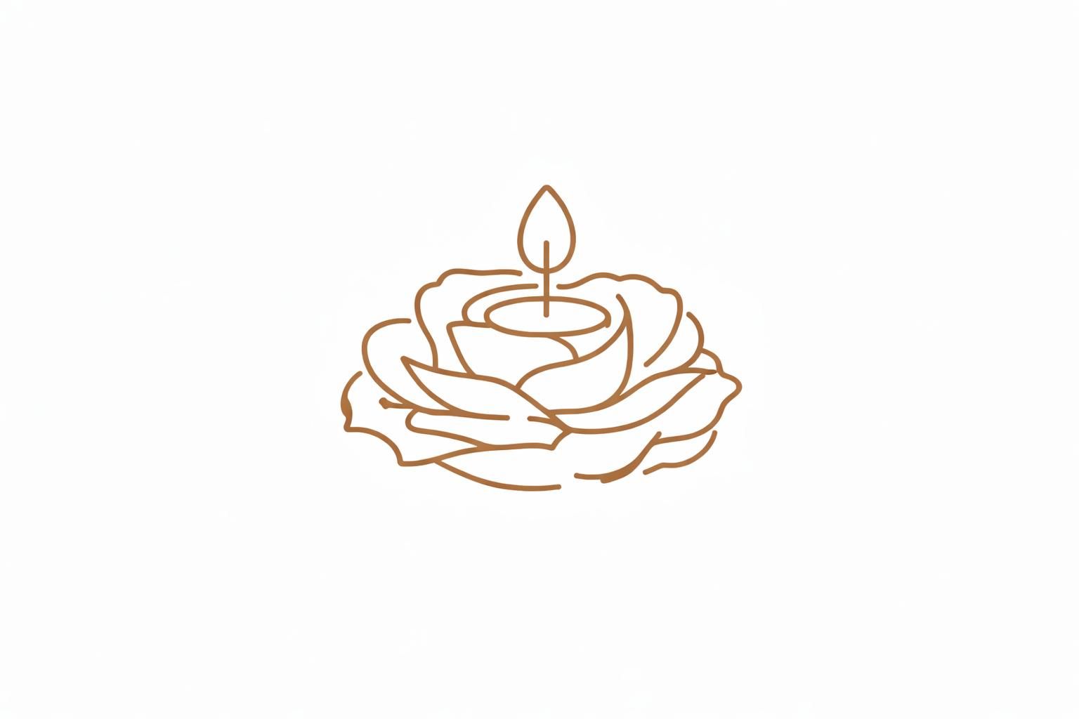 Een kaarsvlam boven een roos, omlijnd met goud, op een witte achtergrond.