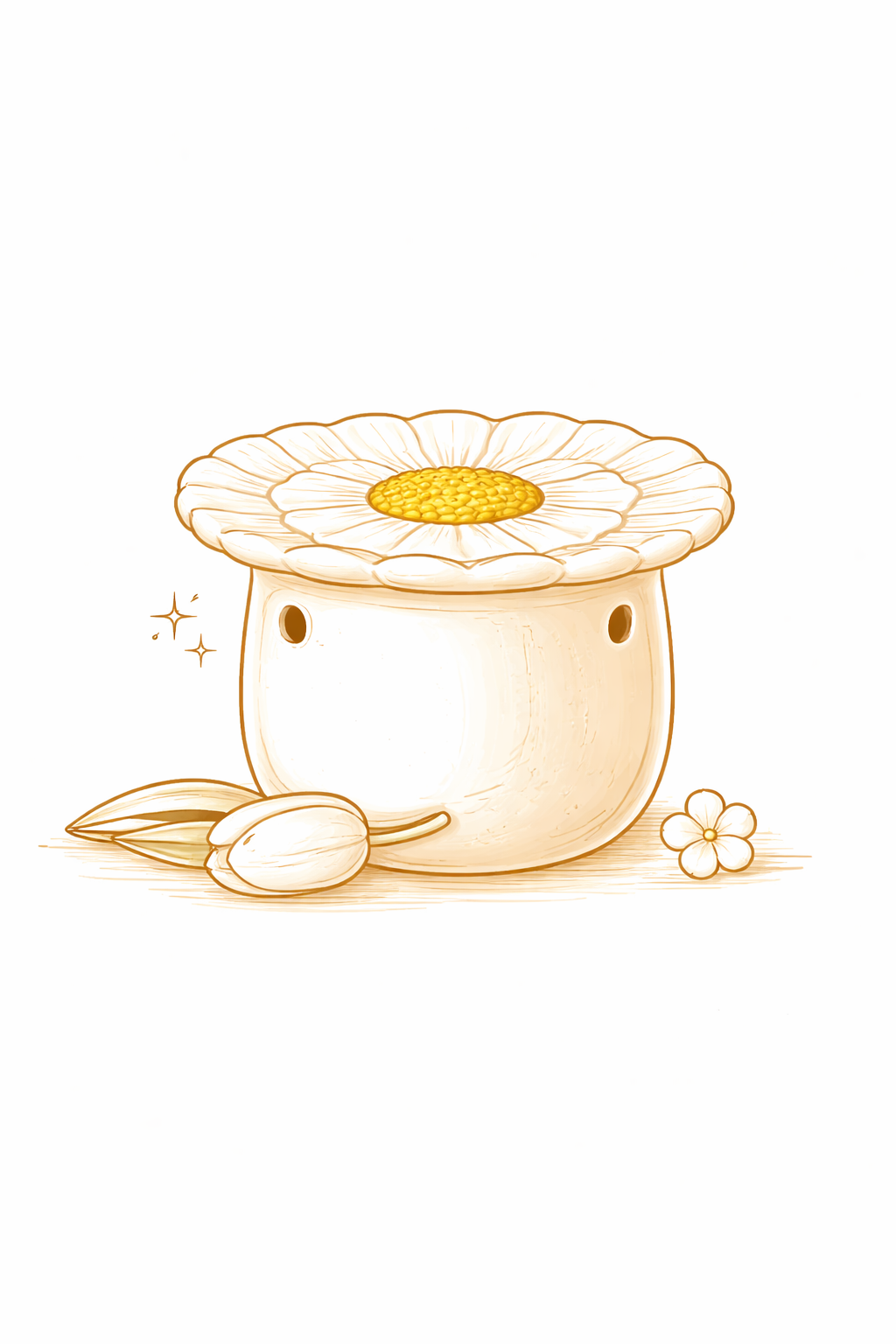 Een zachte, lijntekeningachtige illustratie van een rond, wit wezentje met een hoedje in de vorm van een madeliefje, zittend tussen kleine bloemen.