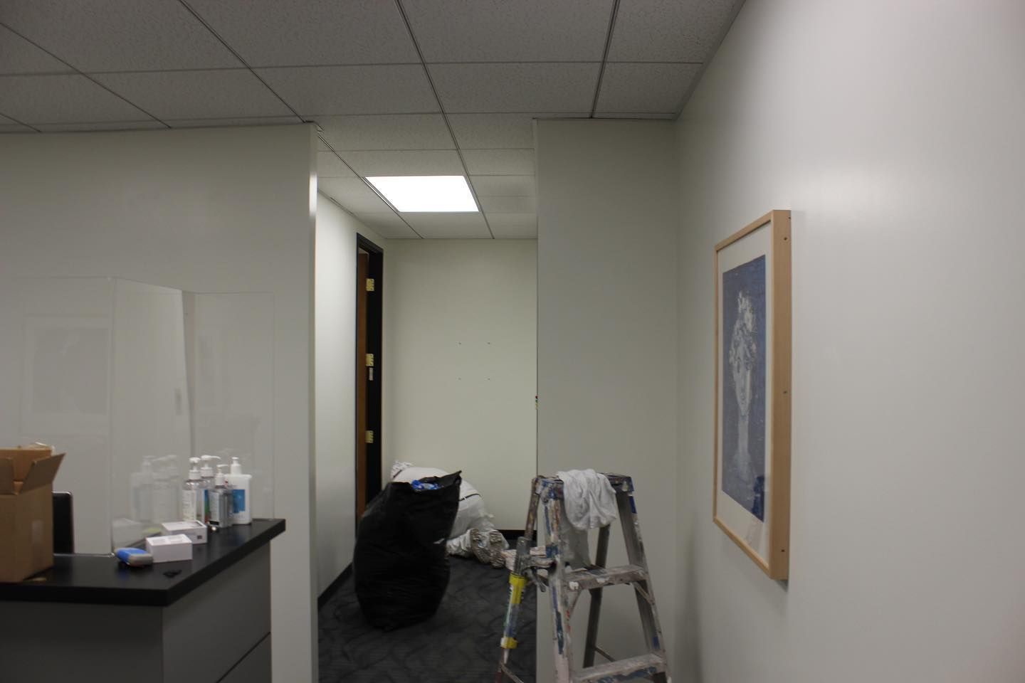 A hallway with a ladder and a picture on the wall