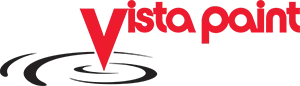 A red and black logo for vista point with a swirl in the middle.