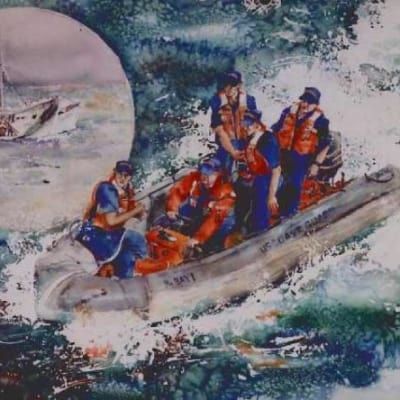 A painting of a group of men in a boat that says army on it