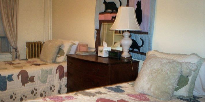 A bedroom with two beds , a lamp and a dresser.