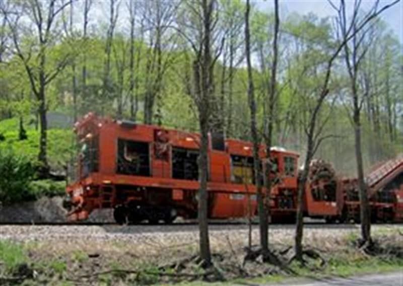 A red train is going down the tracks in the woods.