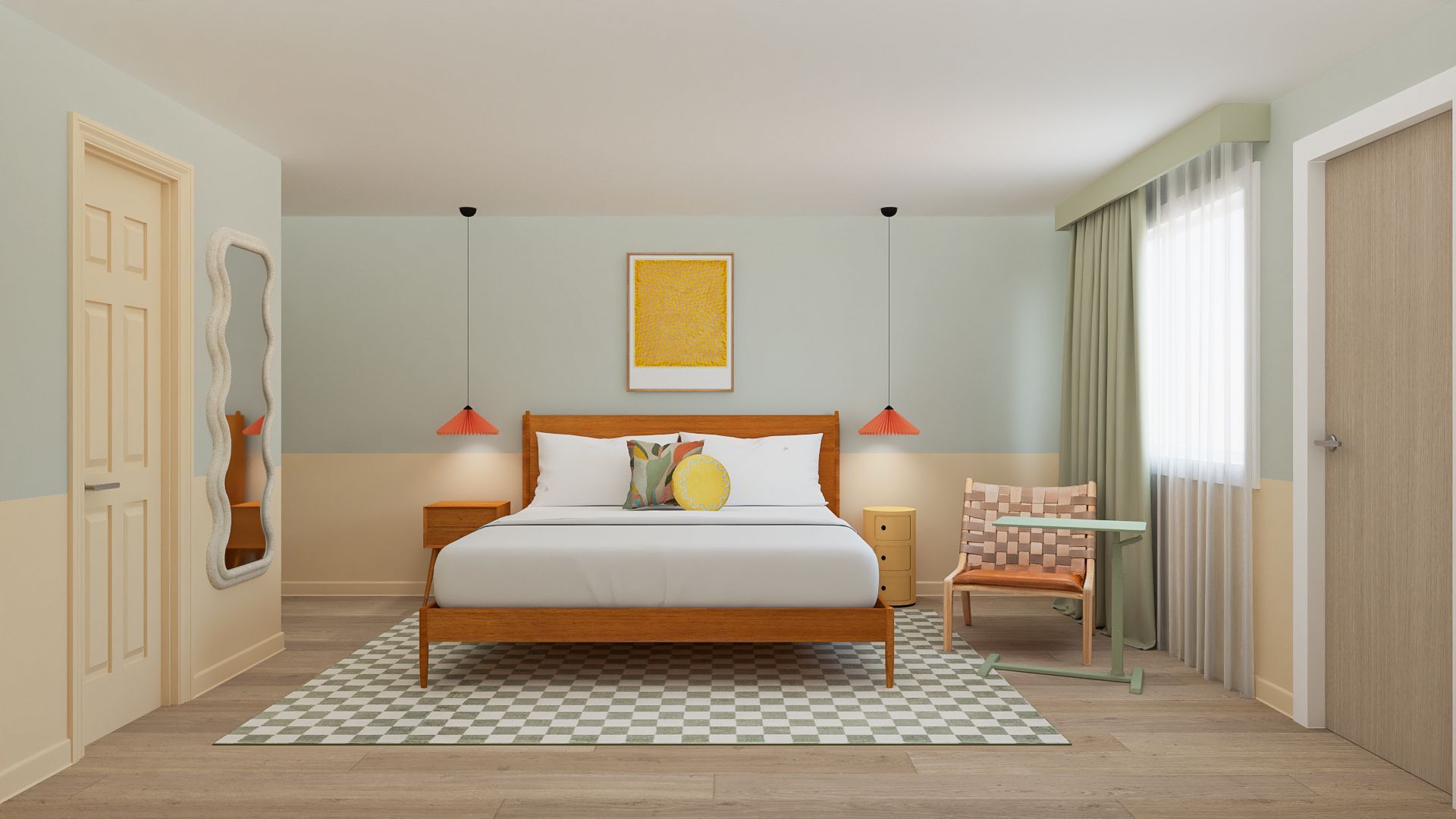 Bedroom interior: bed with orange lamps, patterned rug, chair near window, neutral color palette.