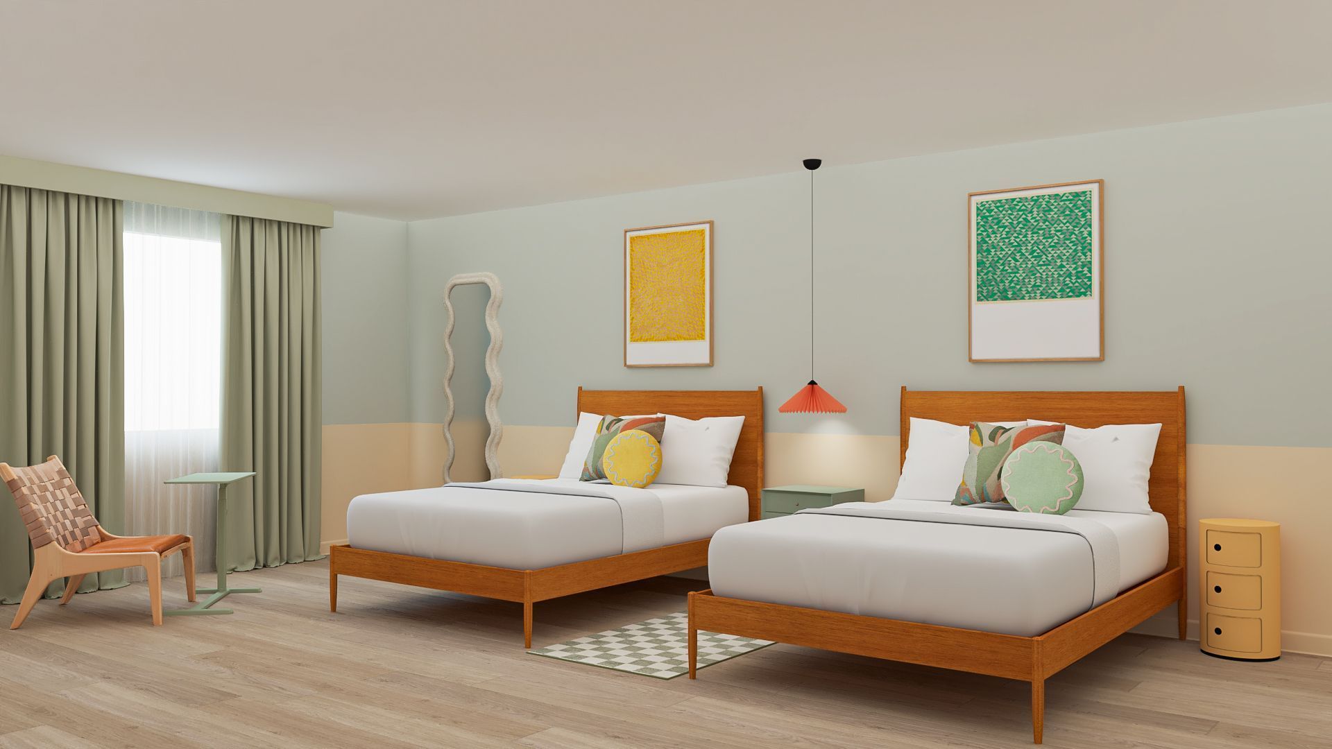 A hotel room with two beds, art, and a window. Light green and tan walls with wood furniture and floor.