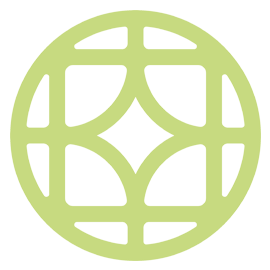 Light green circular logo with a square grid design and stylized diamond in the center.