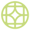 Light green circular logo with a square grid design and stylized diamond in the center.
