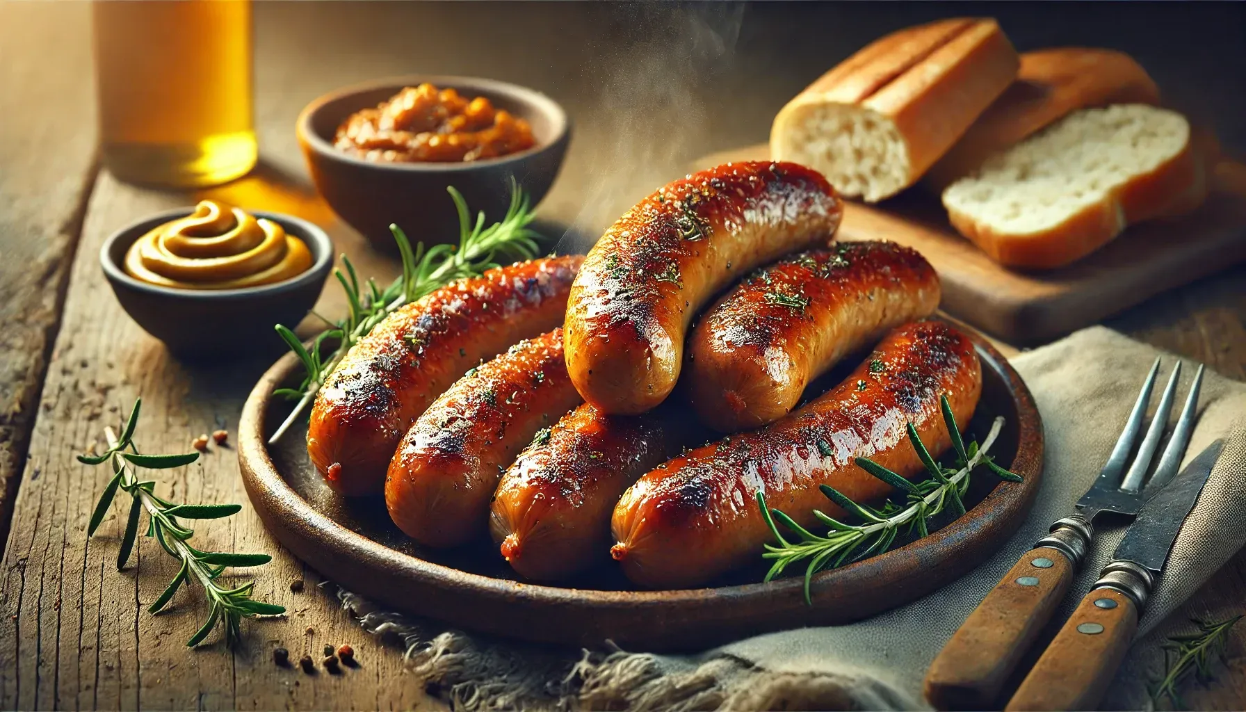 A plate of sausages with mustard and bread on a wooden table.