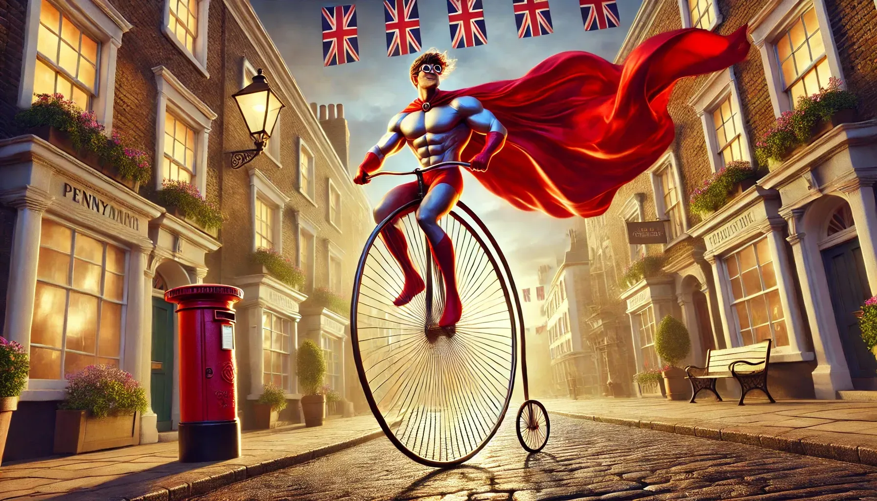A superhero is riding a penny farthing down a cobblestone street.