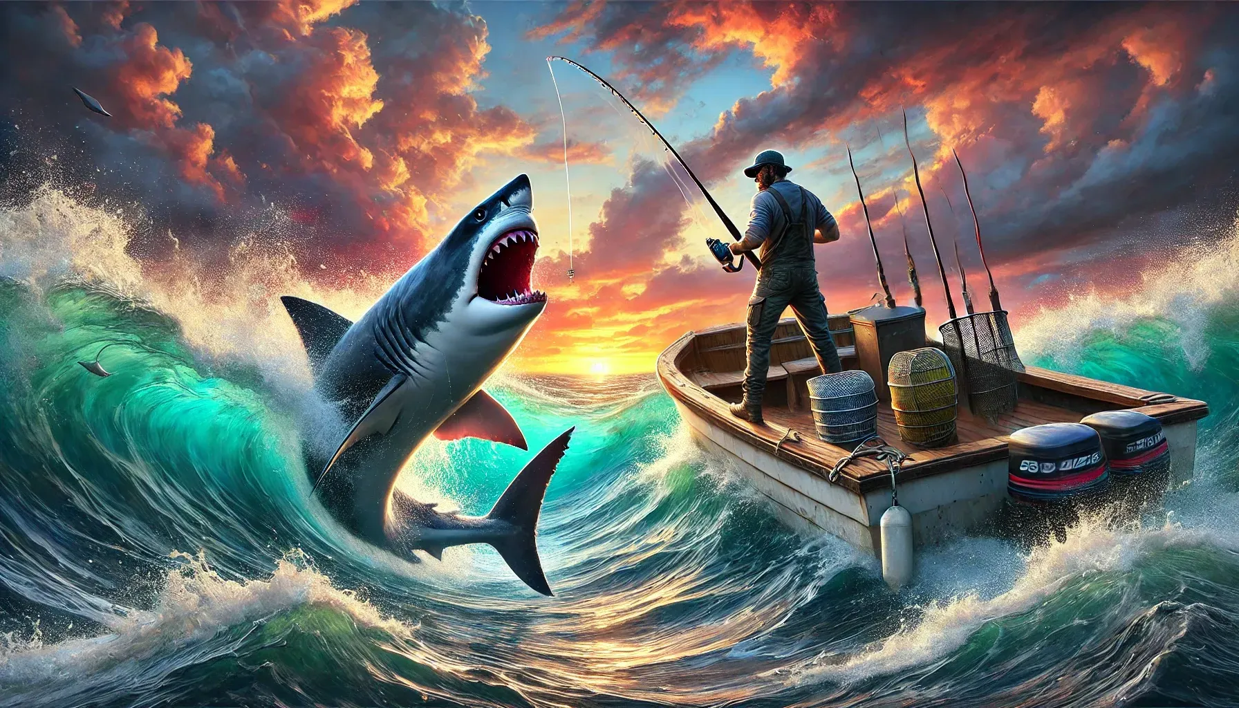 A shark is attacking a fisherman in a boat in the ocean.