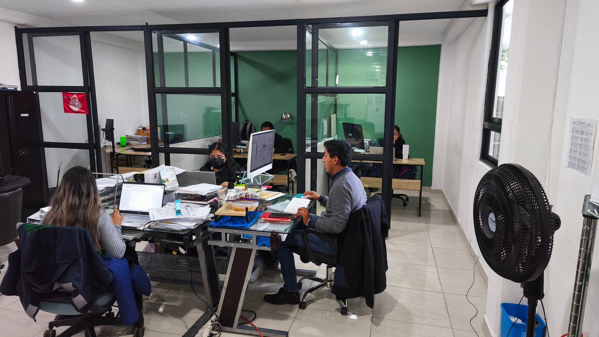 Oficina de ECOSHE con gente en escritorios, algunos trabajando con computadoras. 