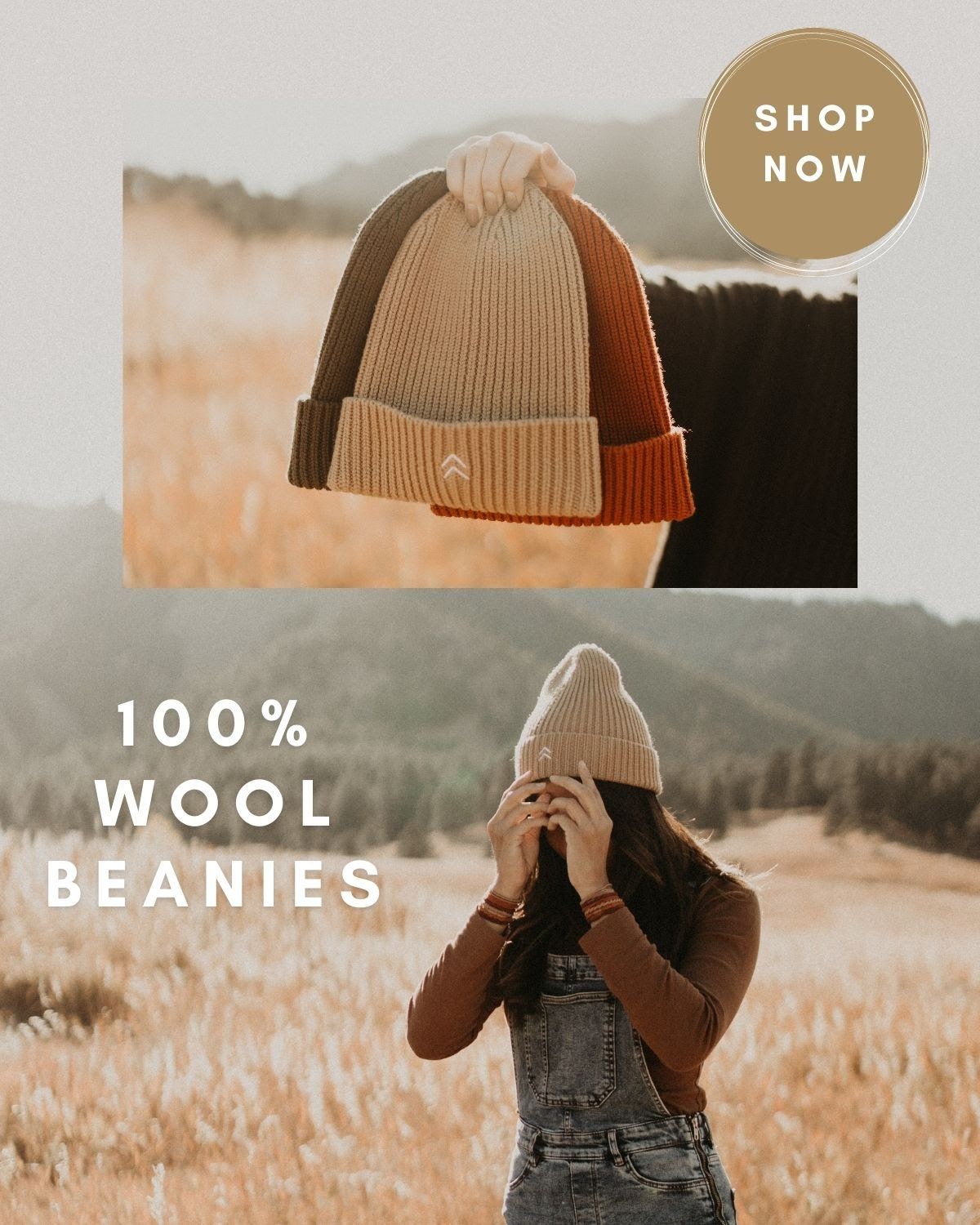 A woman is holding a beanie in front of her face in a field.