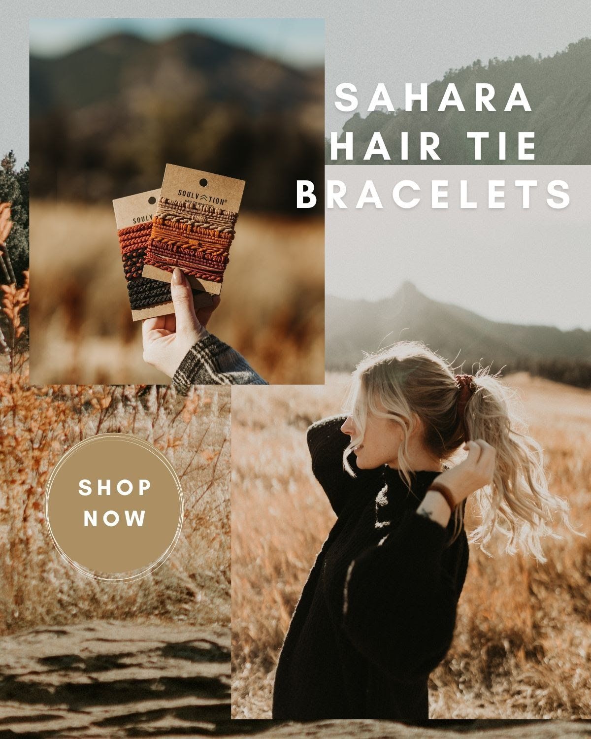 A woman is standing in a field holding a pair of hair tie bracelets.