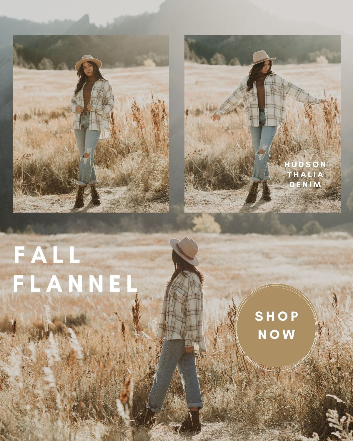 A woman in a plaid jacket and hat is standing in a field.