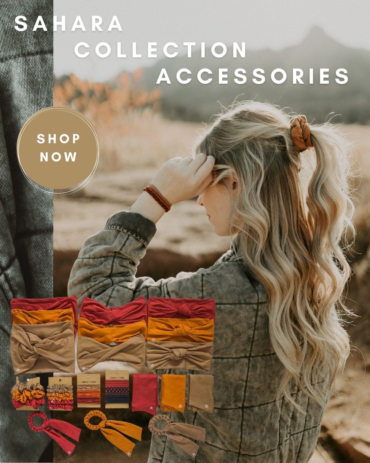 A woman is standing in the desert wearing a ponytail.