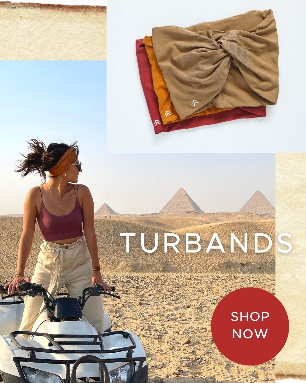 A woman wearing a turban is riding a four wheeler in the desert