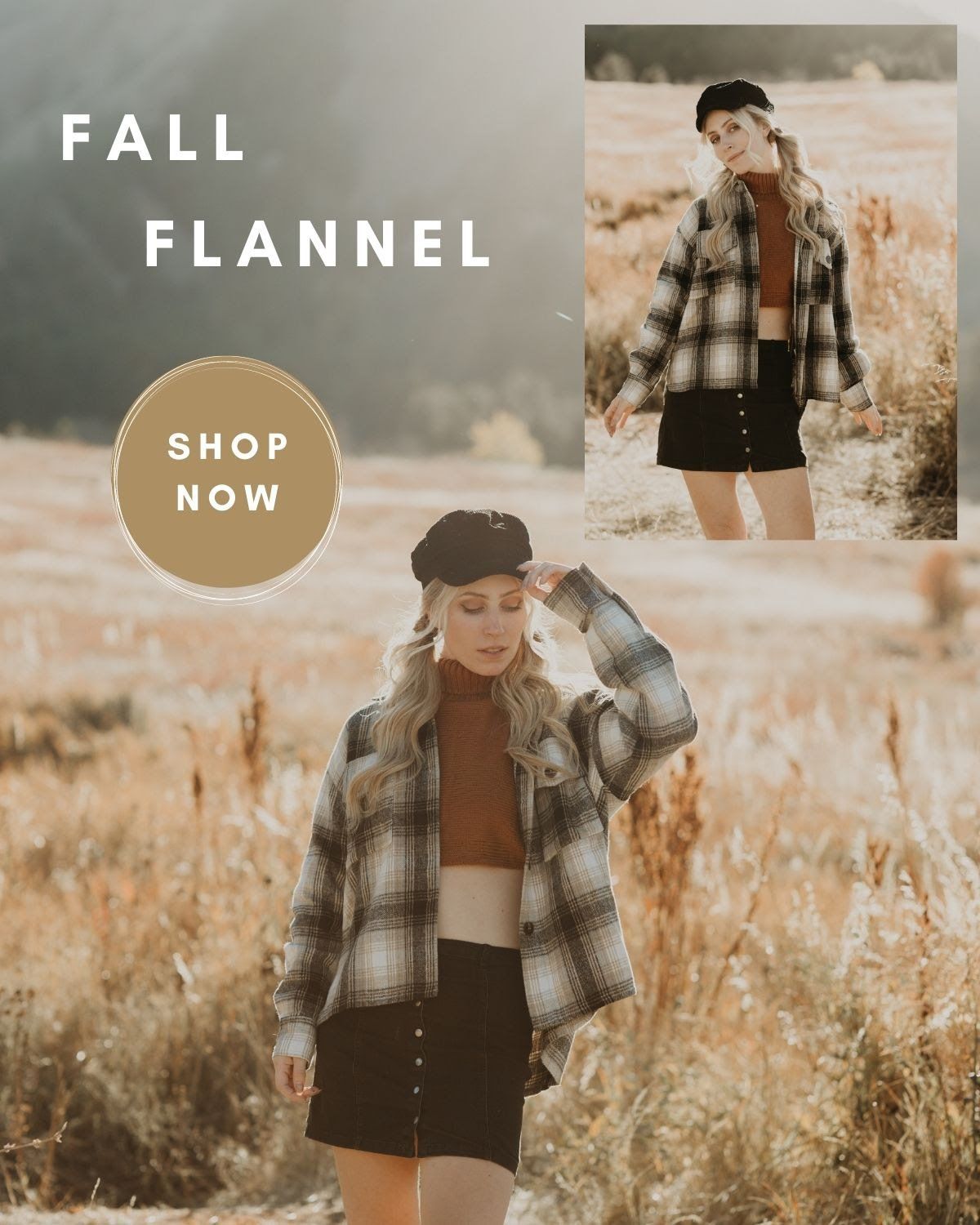 A woman is standing in a field wearing a plaid shirt and a black skirt.