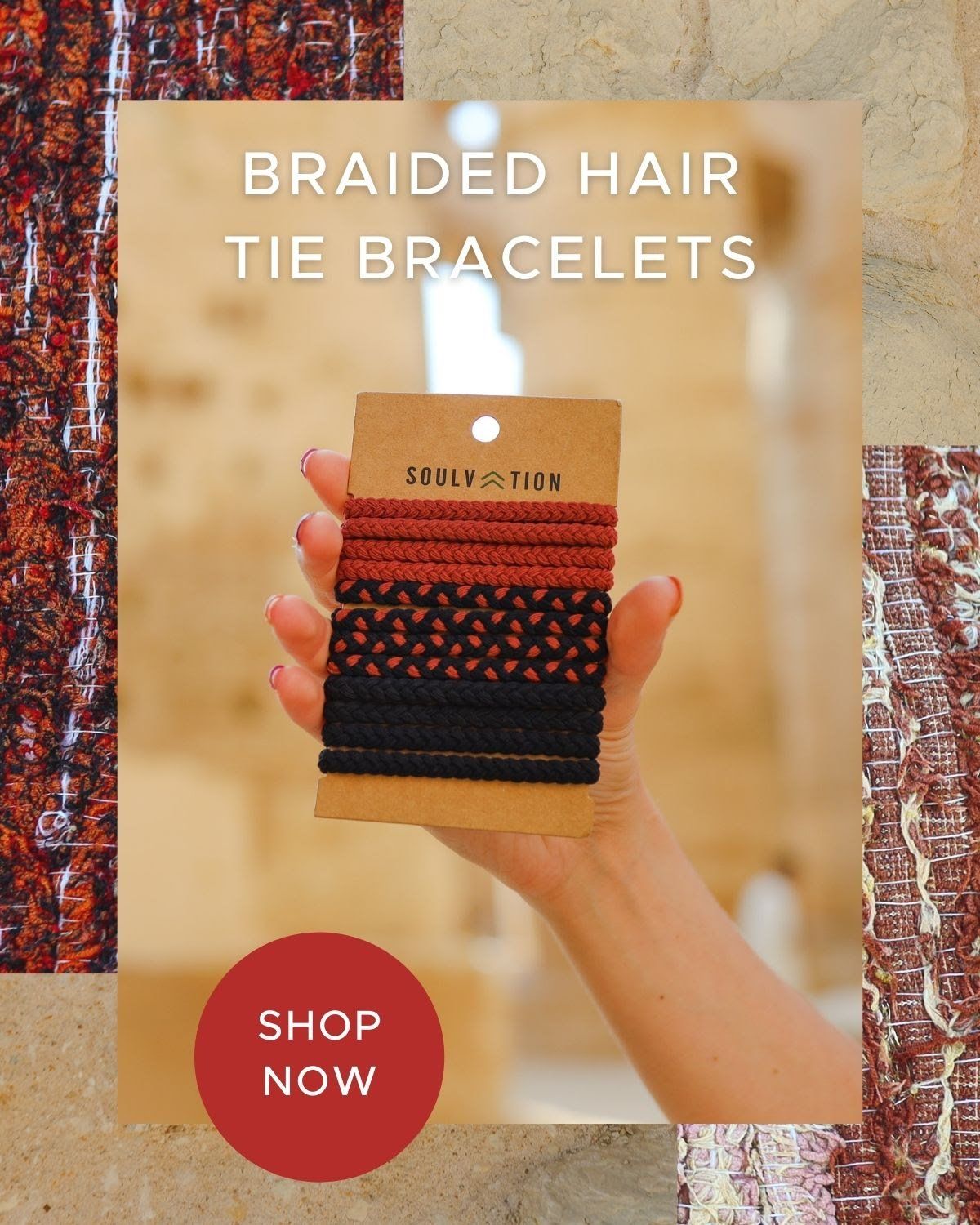 A woman is holding a package of braided hair tie bracelets