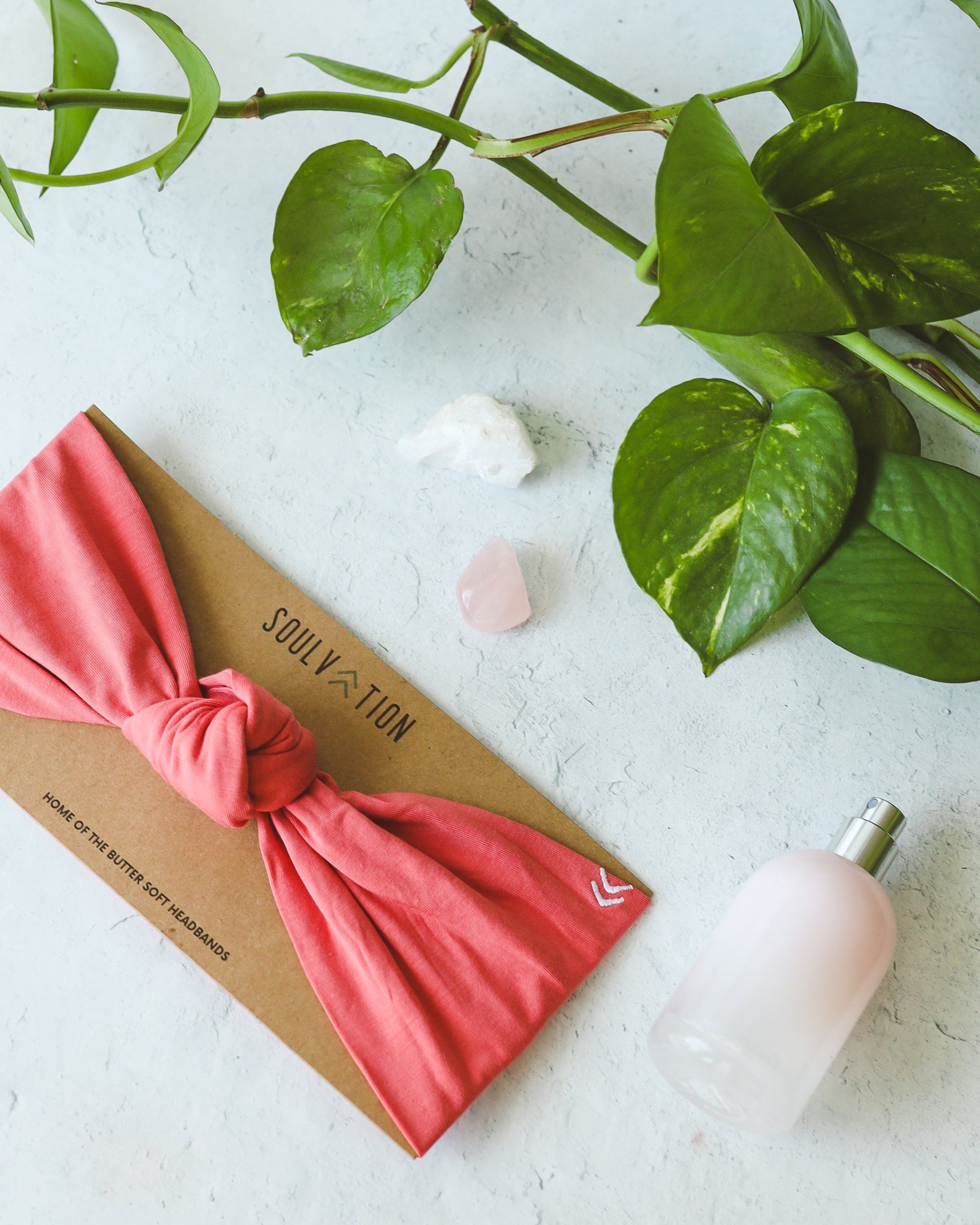 A pink headband is sitting on a table next to a plant and a bottle of lotion