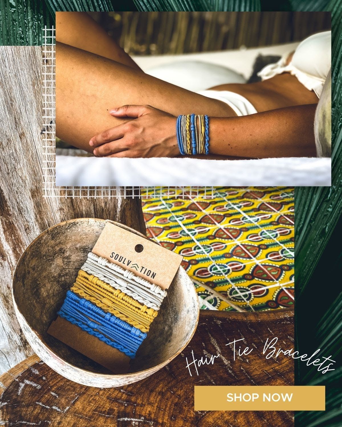 A woman is laying on a bed wearing a bracelet.