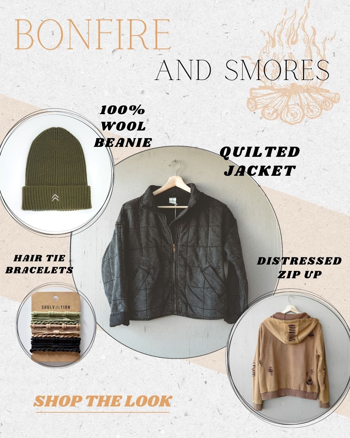 A quilted jacket is hanging on a hanger next to a beanie and bracelets.