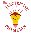 Logo with smiling yellow lightbulb in a red headband, surrounded by the words “The Electrician Physician.”