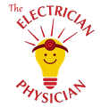 Logo with smiling yellow lightbulb in a red headband, surrounded by the words “The Electrician Physician.”