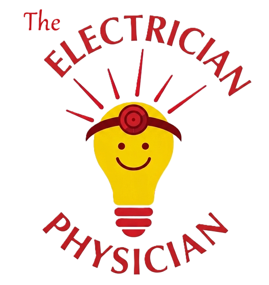Logo with smiling yellow lightbulb in a red headband, surrounded by the words “The Electrician Physician.”