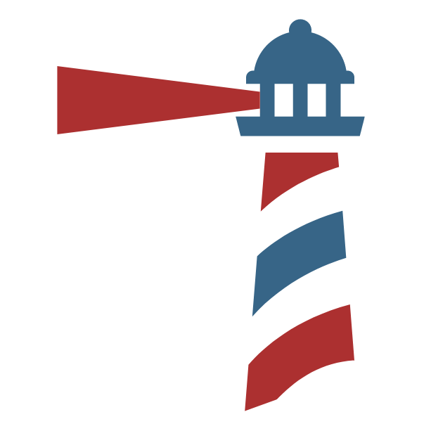 A red , white and blue lighthouse with a red light coming out of it.