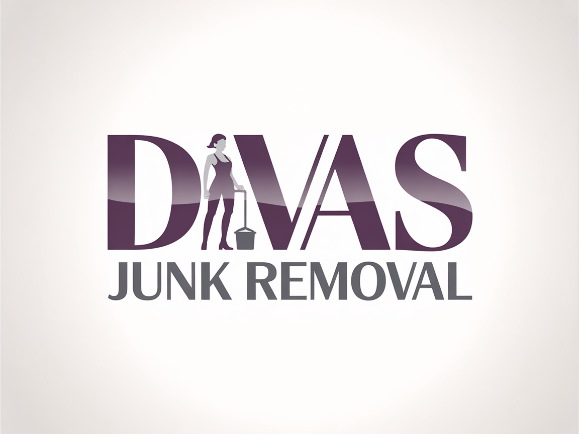 Logo for Divas Junk Removal, featuring a silhouetted figure holding a bucket. The text is purple.