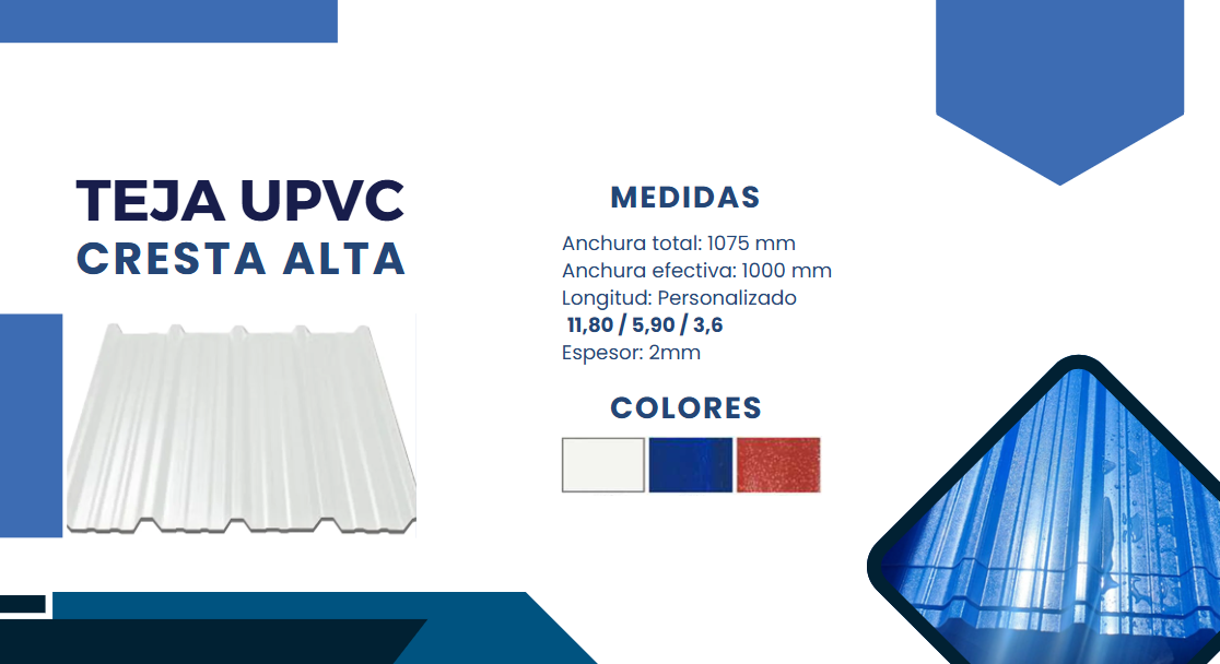 Un anuncio azul y blanco de Teja Upvc Cresta Alta.