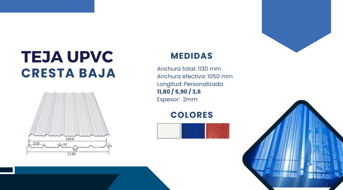 Un anuncio azul y blanco de Teja Upvc Cresta Baja.