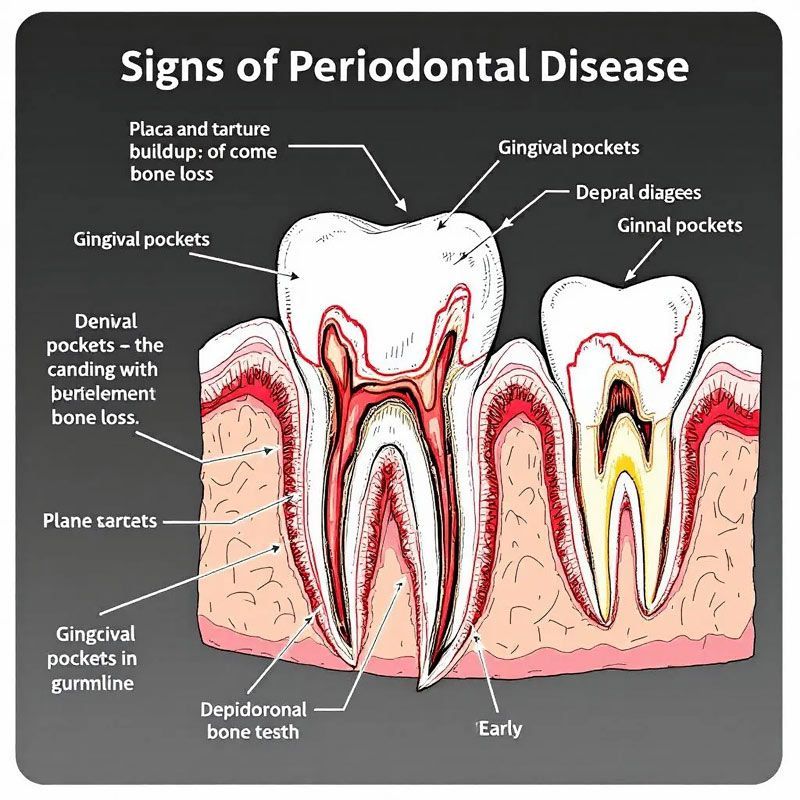 Cross-section illustration showing the effects of periodontal disease on teeth, including gum pockets and bone loss.
