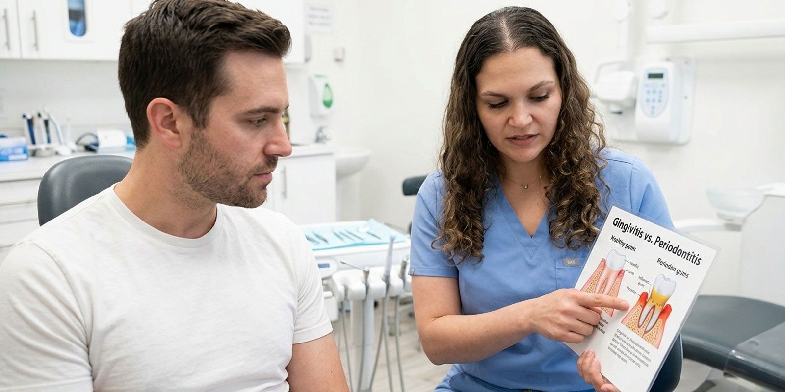 Dr. Stephanie Sfiroudis DDS, MS shows a male patient a chart on Gingivitis Treatment by Nassau County Periodontist Dr. Stephanie Sfiroudis DDS, MS