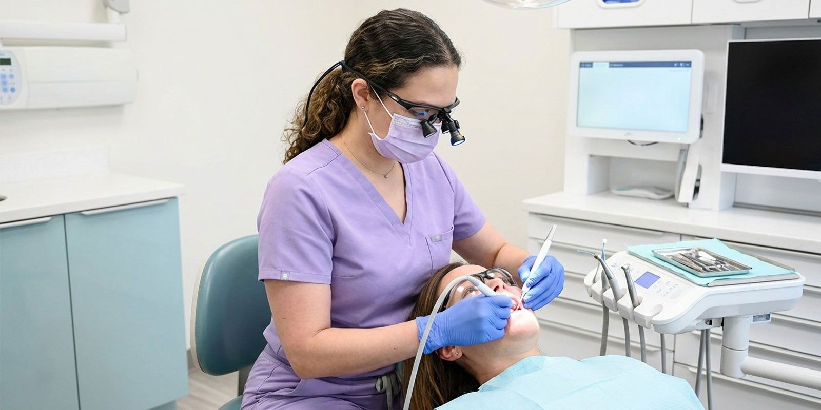 Woman getting a Periodontal Deep Cleaning by Dr. Stephanie Sfiroudis DDS, MS
