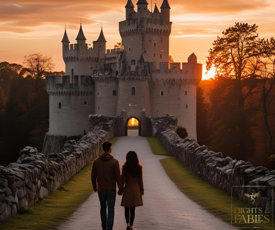 Couple walks towards castle at sunset.