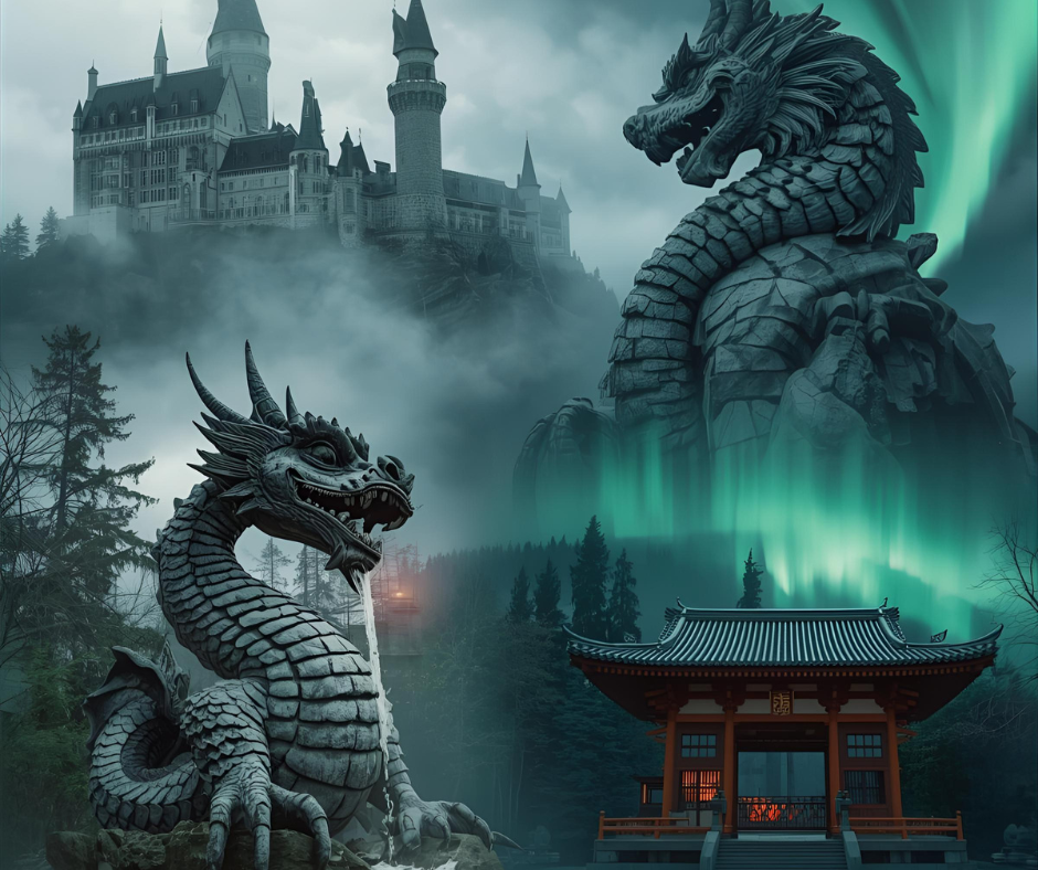 Fantasy travel destinations with dragons, trolls, and mythical legends.