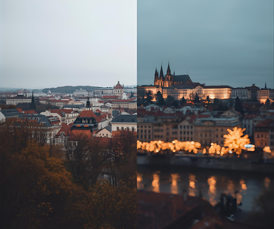 Fantasy travel transformation from haunted halls to festive christmas lights