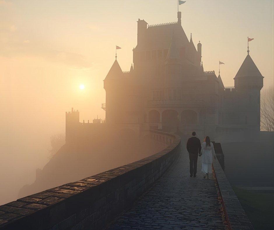 Couple walking along a misty castle wall at sunrise