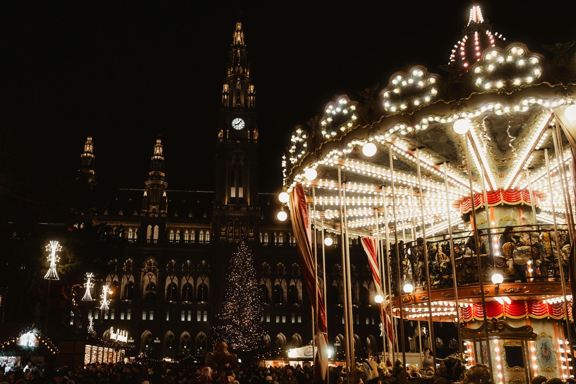Traditional Austrian Christmas market with snow and lights, winter fantasy escape in Salzburg