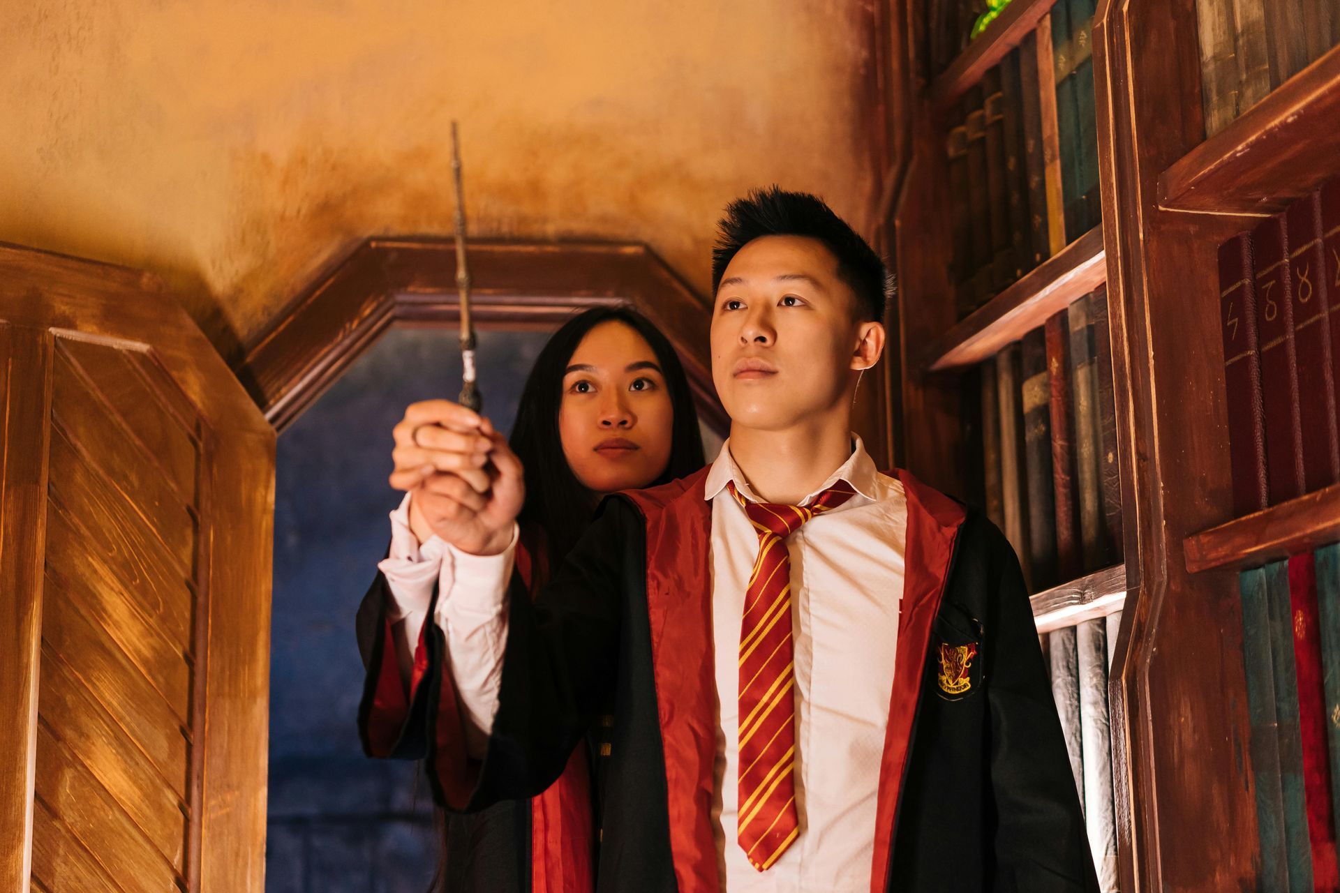 Two people, in Hogwarts robes, one holding a wand. They stand in a wood-paneled hallway, looking focused.