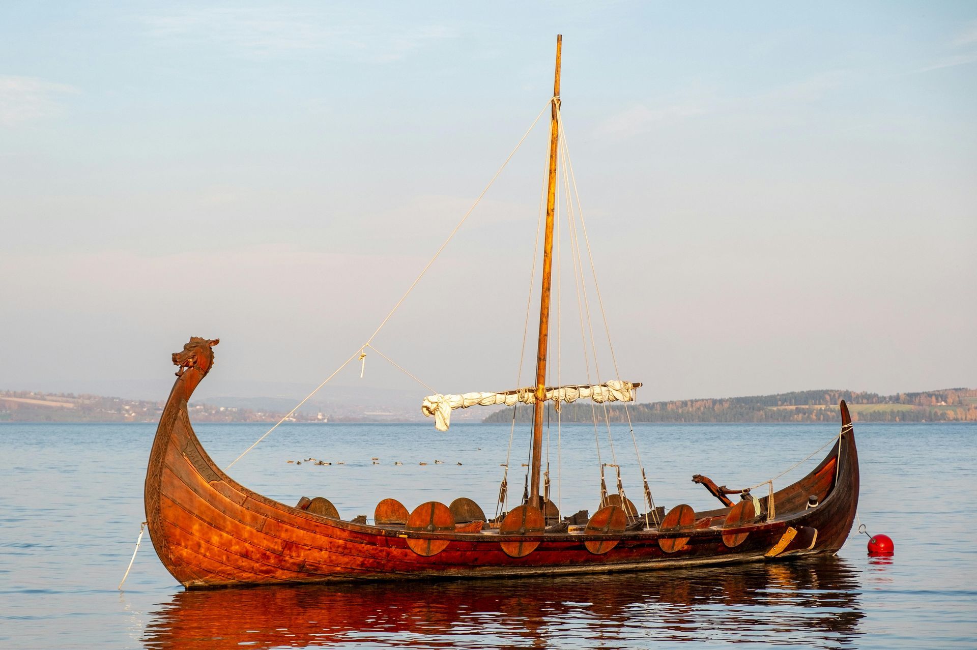 Viking longship on calm water, brown wood, sail raised, decorative dragon head, scenic background.