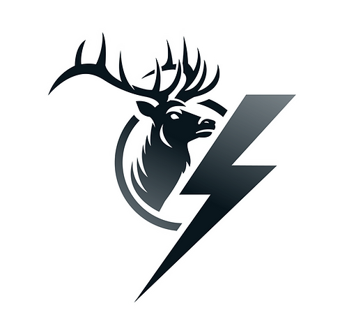 Silhouette of a stag's head inside a circle, with a lightning bolt overlayed diagonally in a gradient color.