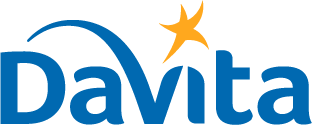 A blue and white logo for davita with an orange star