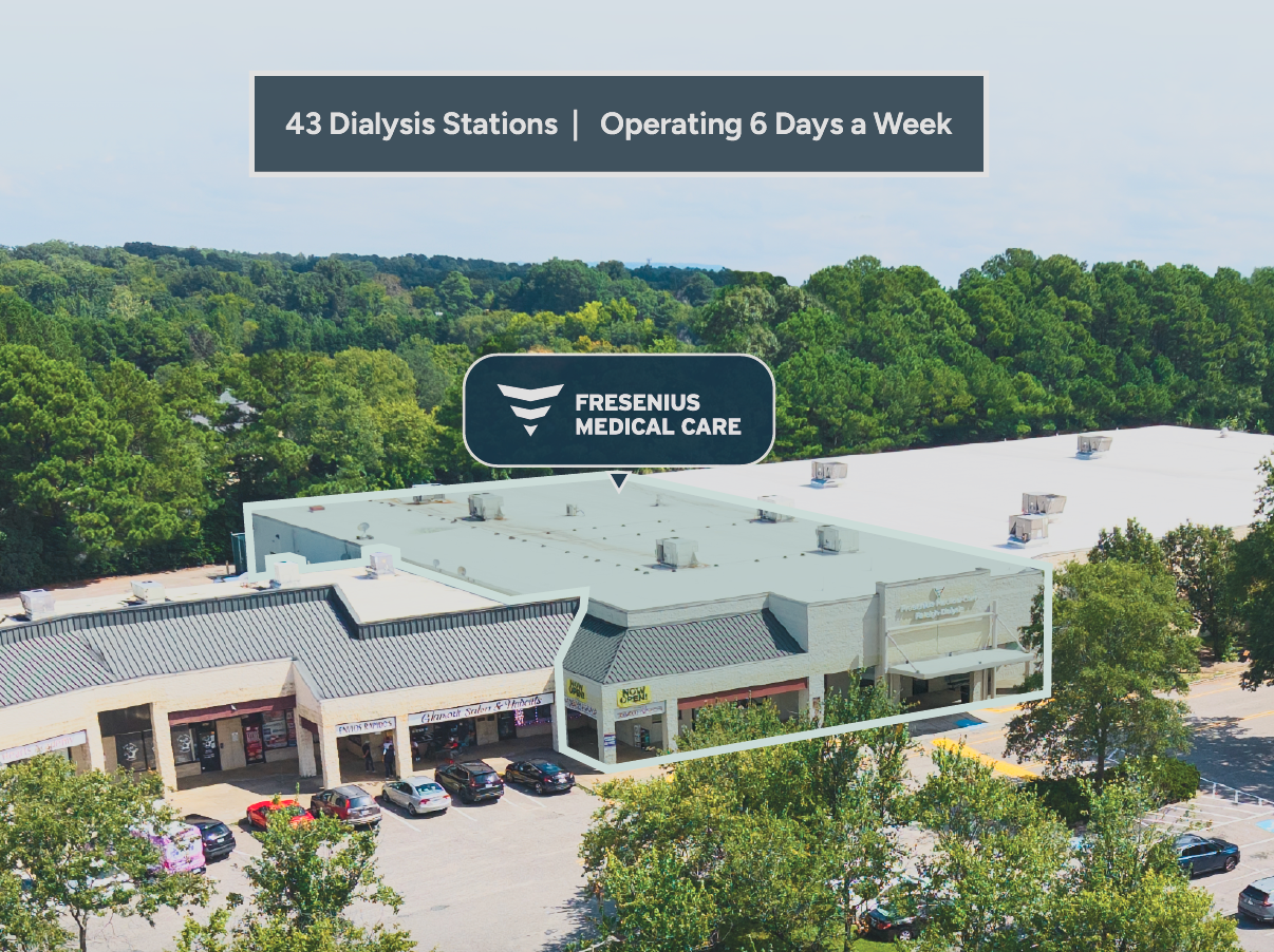 Aerial view of Fresenius Medical Care facility with 43 dialysis stations operating 6 days a week.