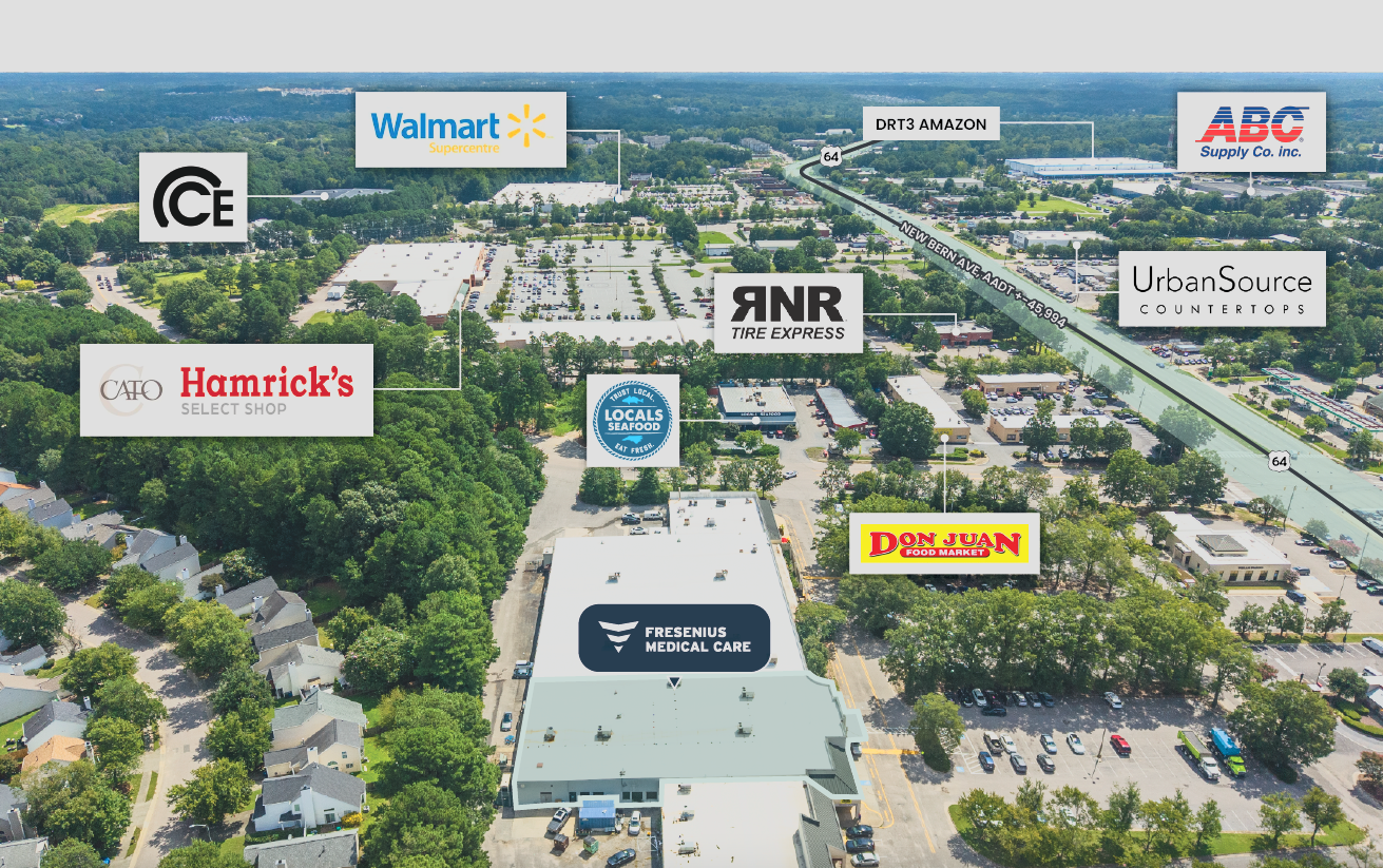 Aerial view of a commercial area in Raleigh, NC with logos of various businesses overlayed.