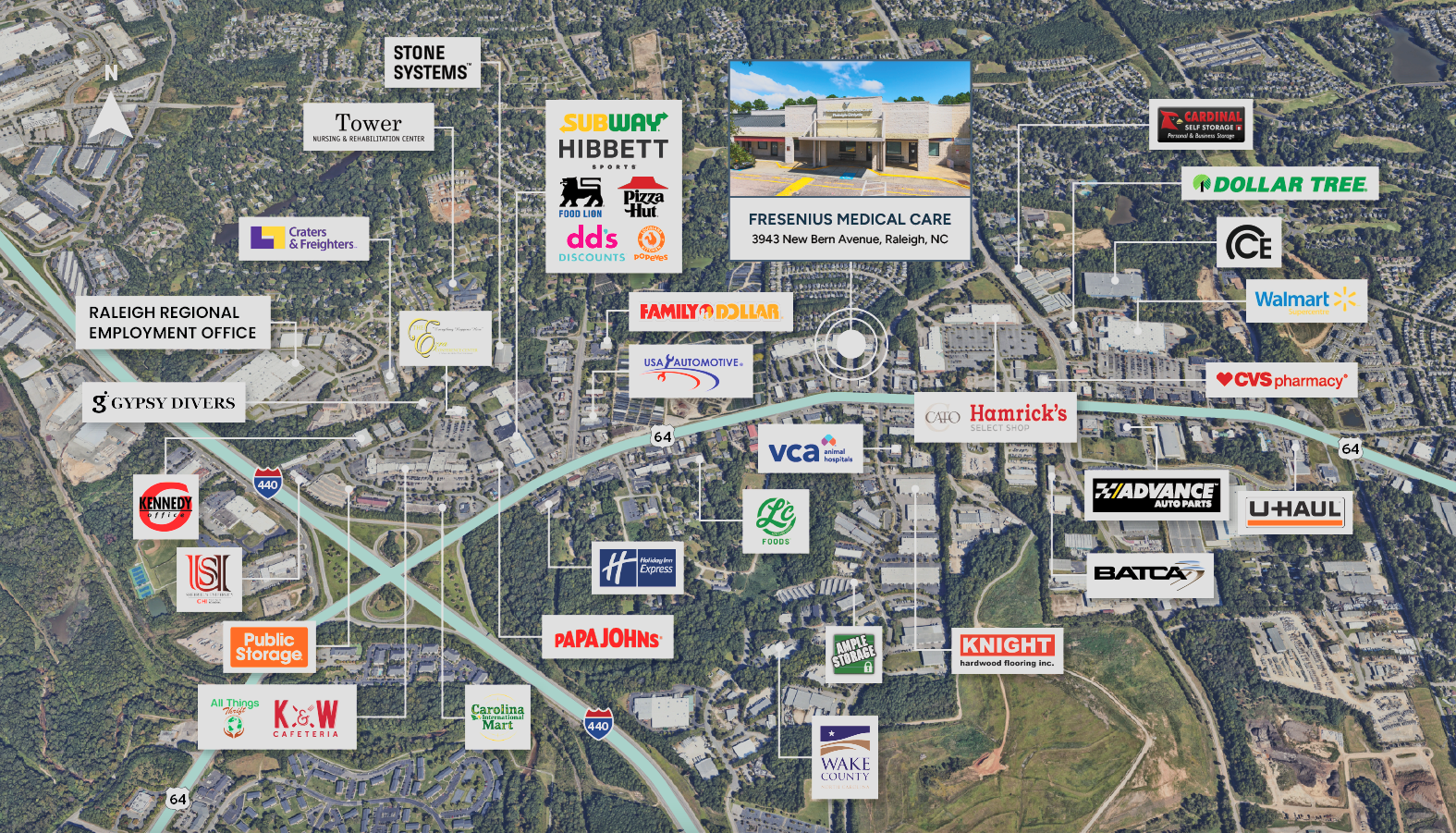 Aerial view map of Raleigh, NC with businesses and roads around the Fresenius Medical Care dialysis center.