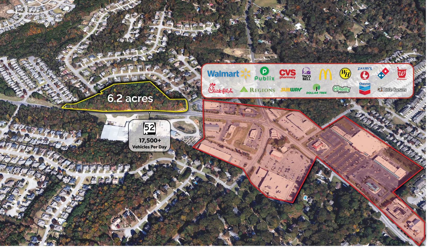 Aerial view of commercial properties. Walmart and shops are indicated, with a 6.2-acre parcel marked for sale for potential development.