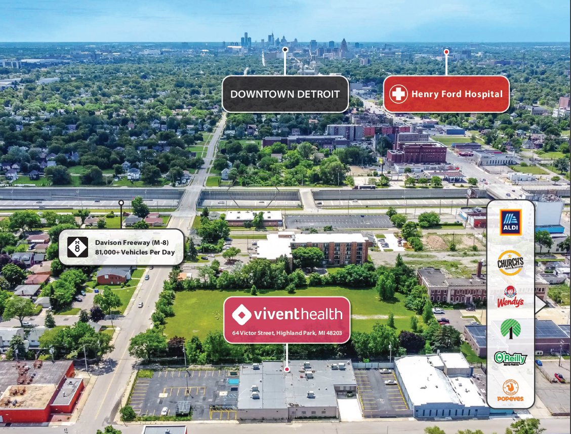 An aerial view of a deroit with a red sign that says vivent health.